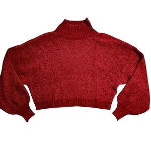 CHSR Chaser Sweater Womens Small Red Knit Oversized Crop Puff Sleeves Mock Neck